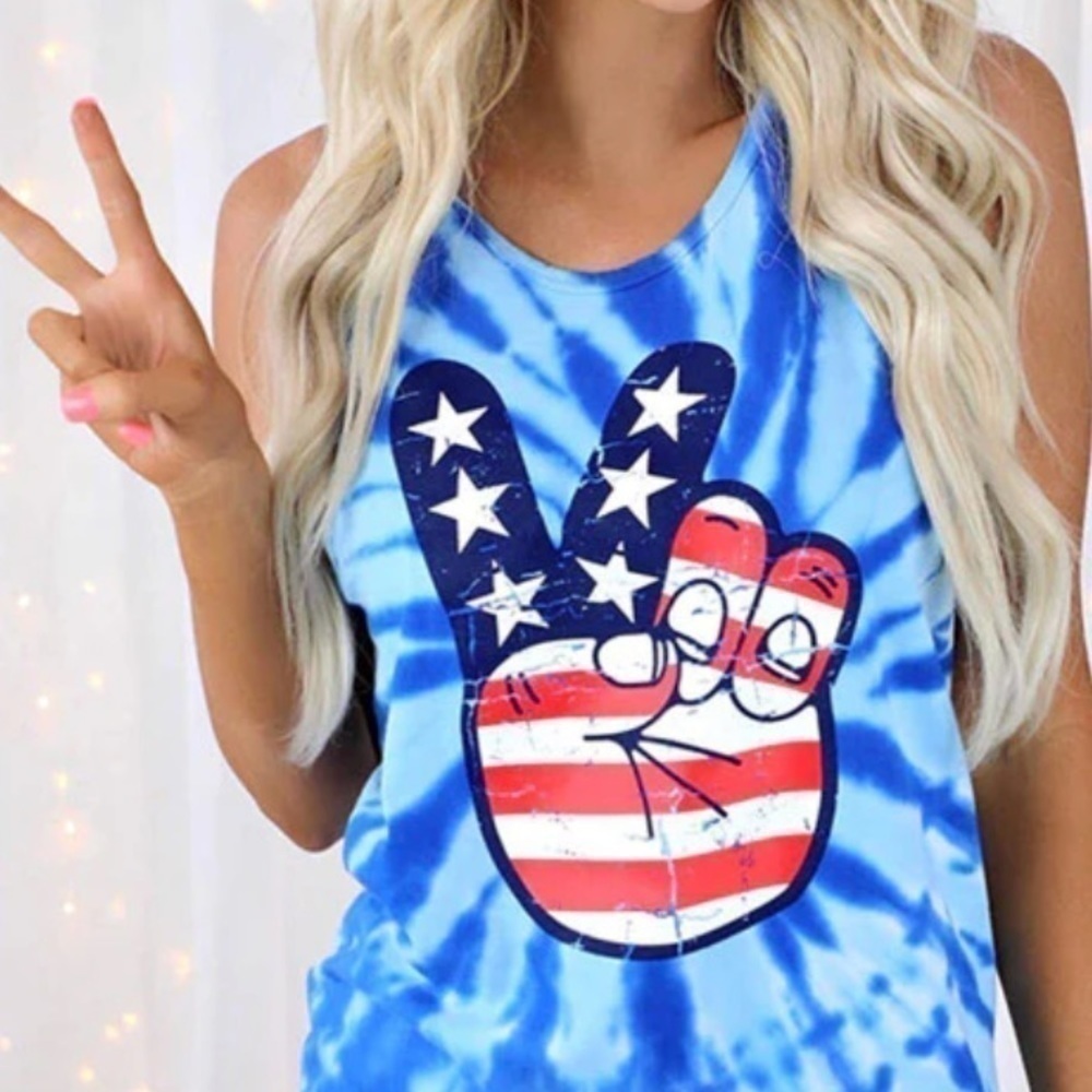 Tank Top Size Large Blue Tie Dye Graphic Patriotic Peace Sign USA